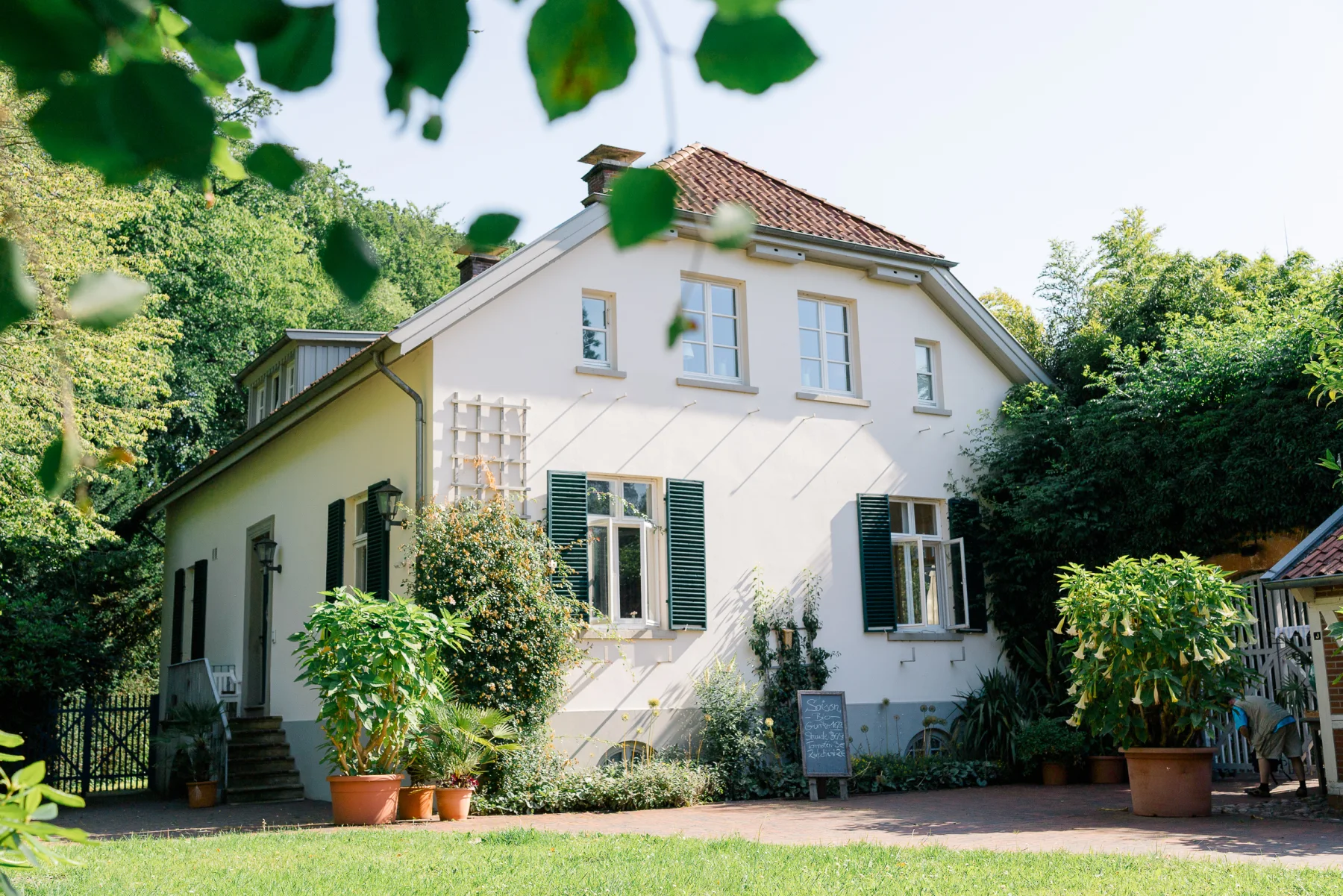 Ein weißes Haus mit grünen Fensterläden, umgeben von Bäumen.